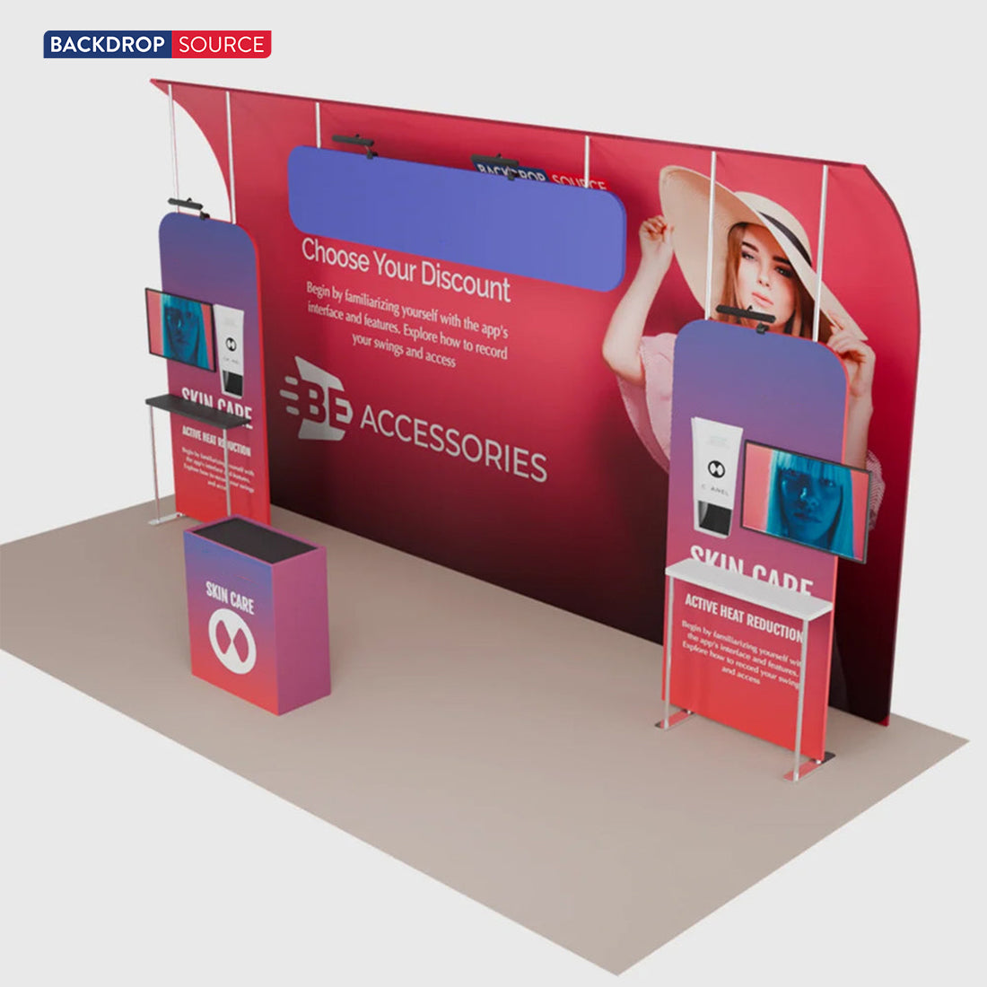 20x10 Booth Kit with Curved Towers, Shelving & Hanging Sign