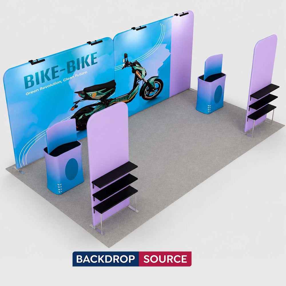 10x20 Booth Kit with Tension Walls, Shelving & 2 Counters