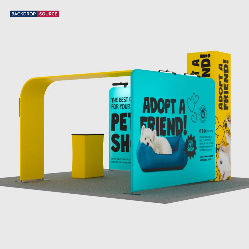 20x20 Booth Kit with Tension Walls, Cubic Tower & TV Arch