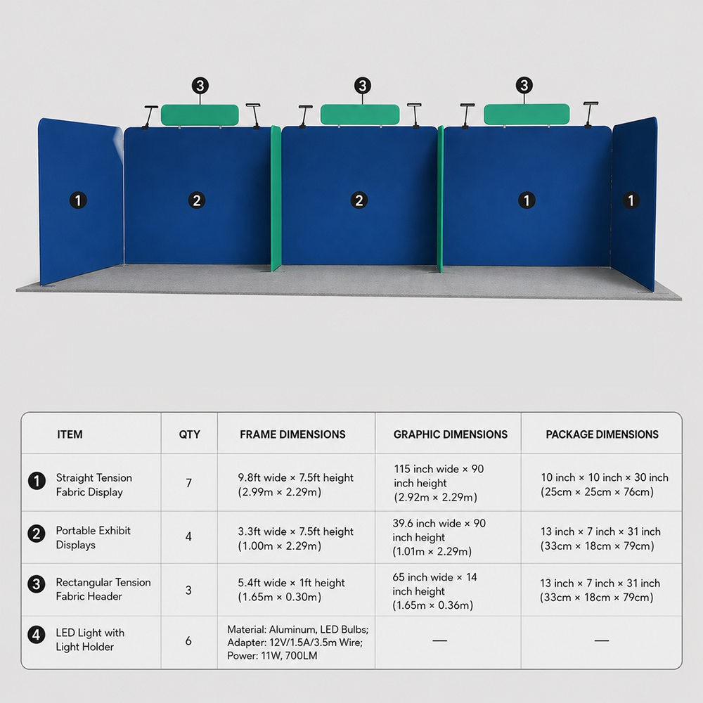 30x20 Tension Fabric Booth Kit with Banner Stands & LED Lights