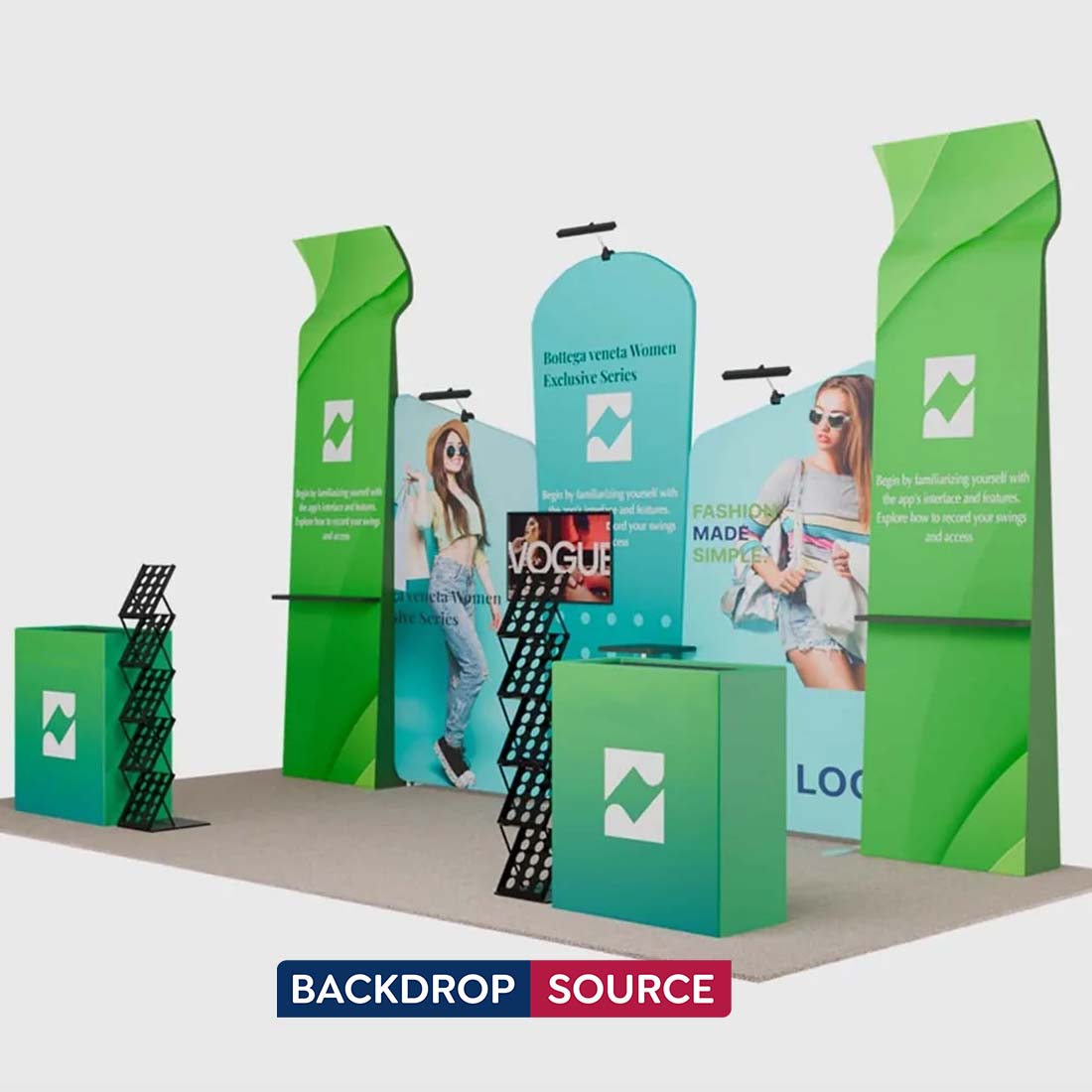 10x20 Booth Kit with Inclined Walls, 3D Shelf Stands & 2 Counters
