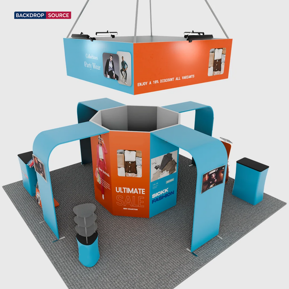 20x20 Island Booth with 8-Sided Tower, TV Arches & iPad Stands