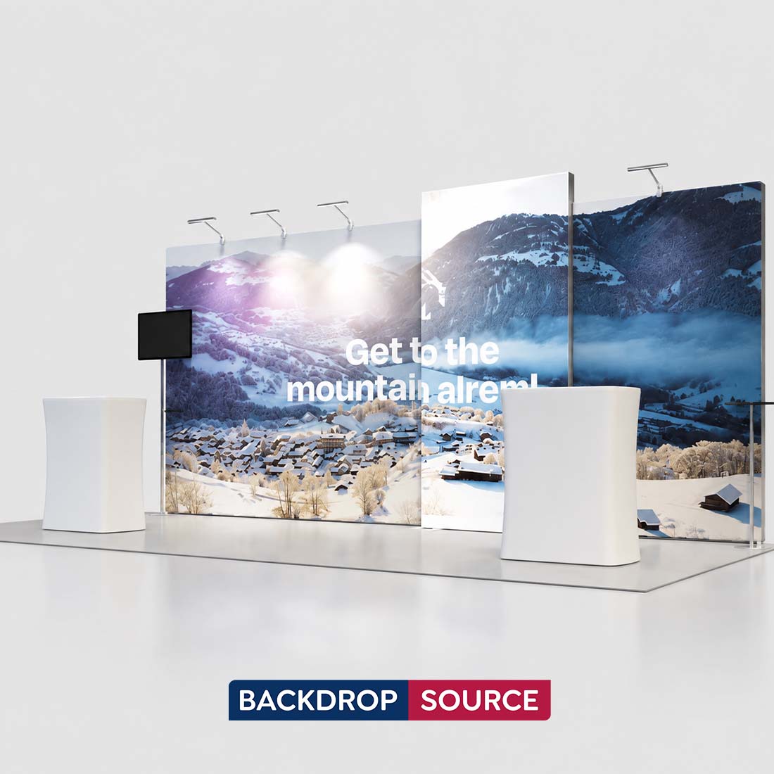 10x20 Backlit SEG Booth Kit with TV Mount, Tables & LED Counters