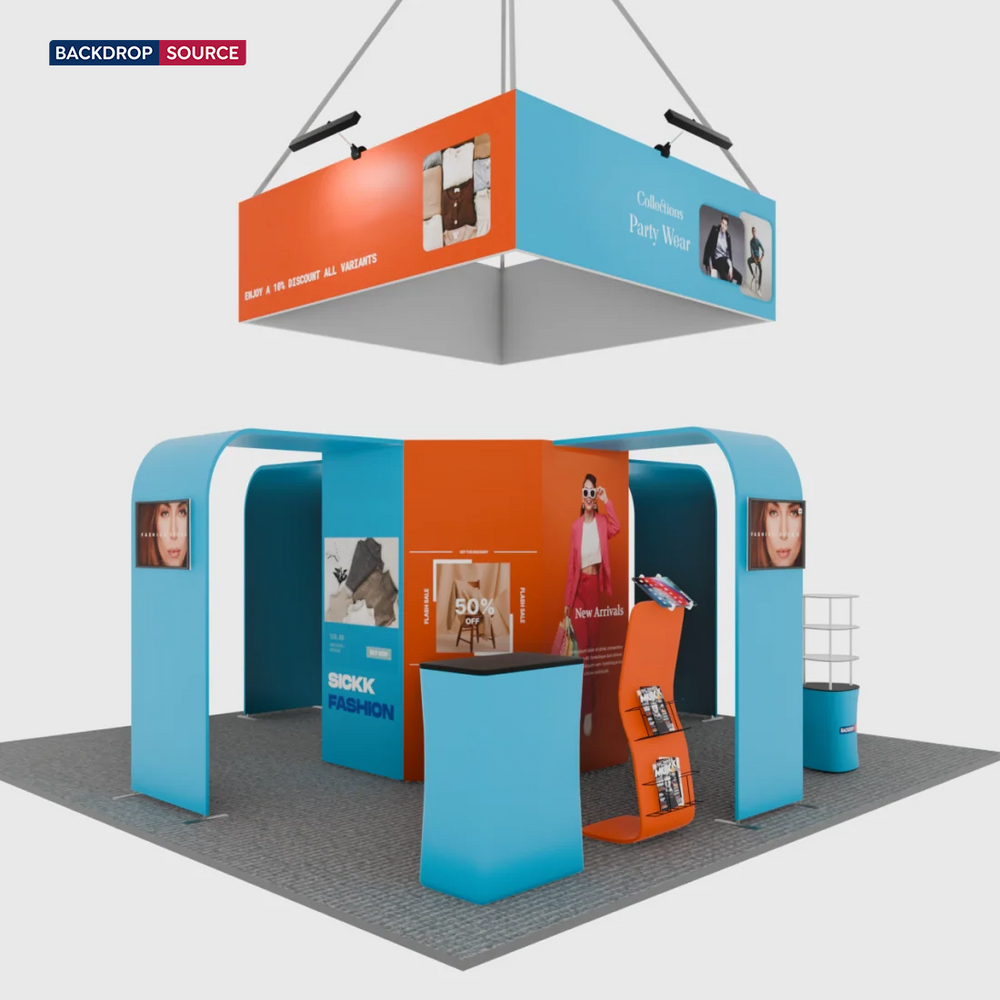 20x20 Island Booth with 8-Sided Tower, TV Arches & iPad Stands