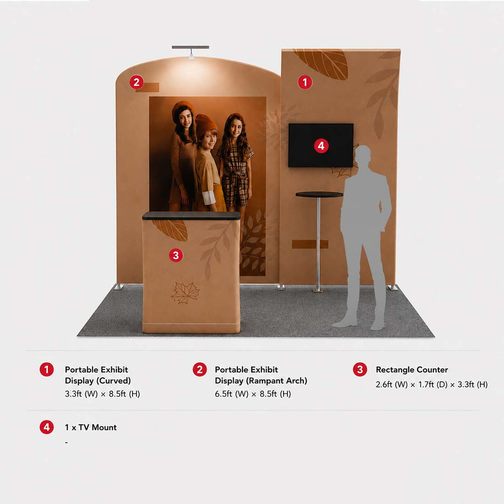 10x10 Booth Kit with Curved Wall & Sloped Arch, Counter & TV