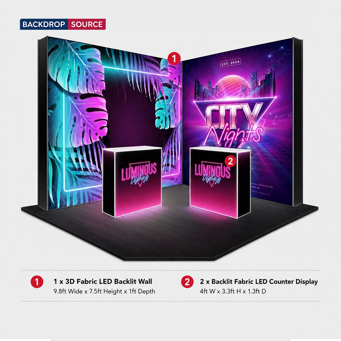 Ensemble de mur multimédia lumineux en forme de L avec comptoirs pour cabines de 3 m x 3 m. 