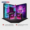 Ensemble de mur multimédia lumineux en forme de L avec comptoirs pour cabines de 3 m x 3 m. 