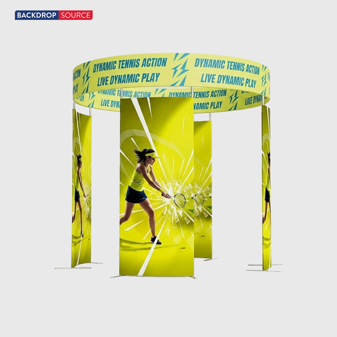 20x20 Island Booth with 360 Photo Booth & Tiered Hanging Sign