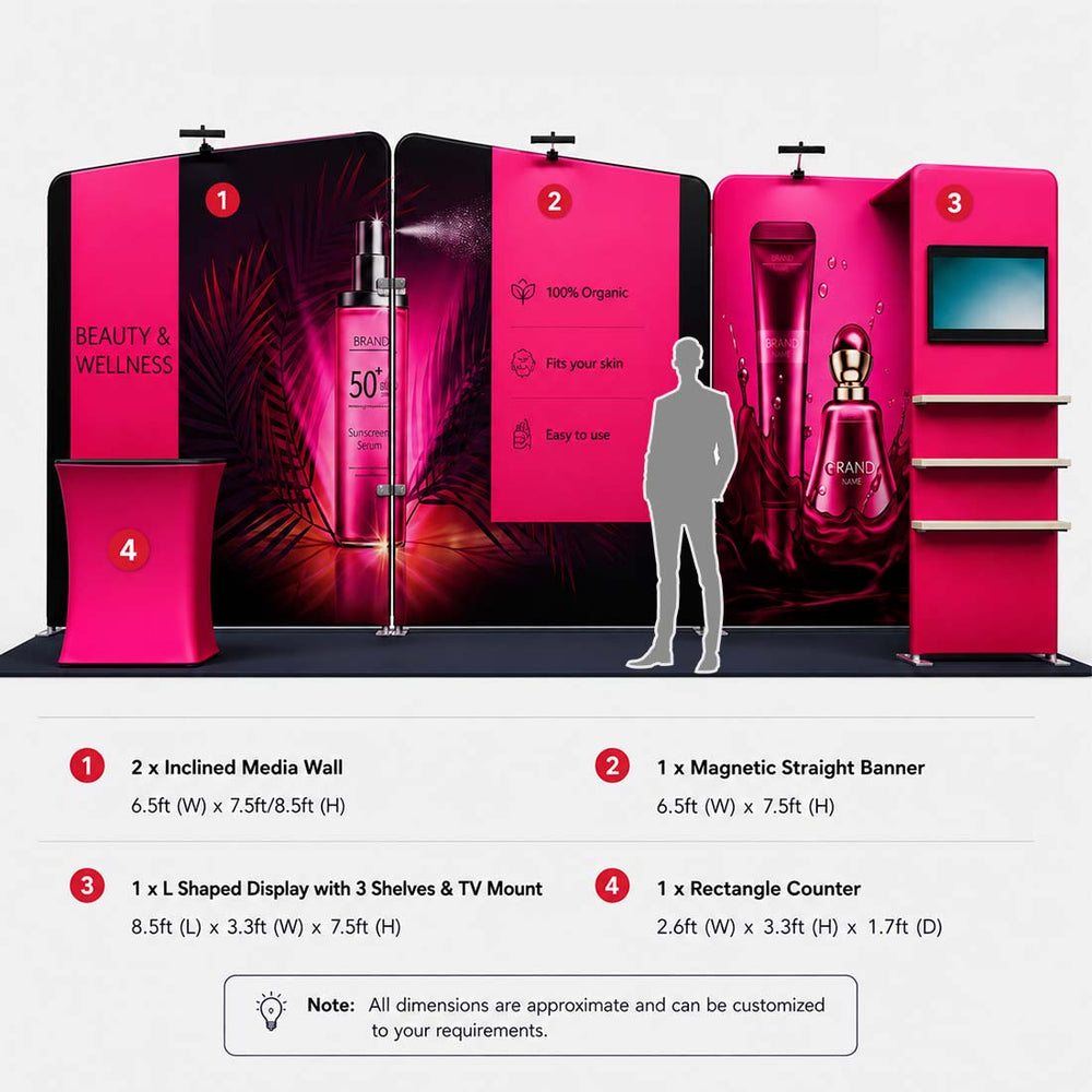 10x20 Booth Kit with Inclined Walls, L-Shape TV Tower & Counter