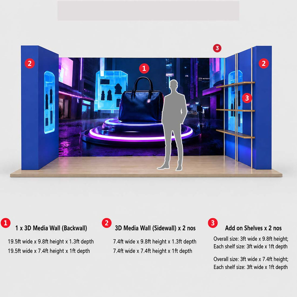 10x20 3D Media Wall Booth Kit with 12 Display Shelves