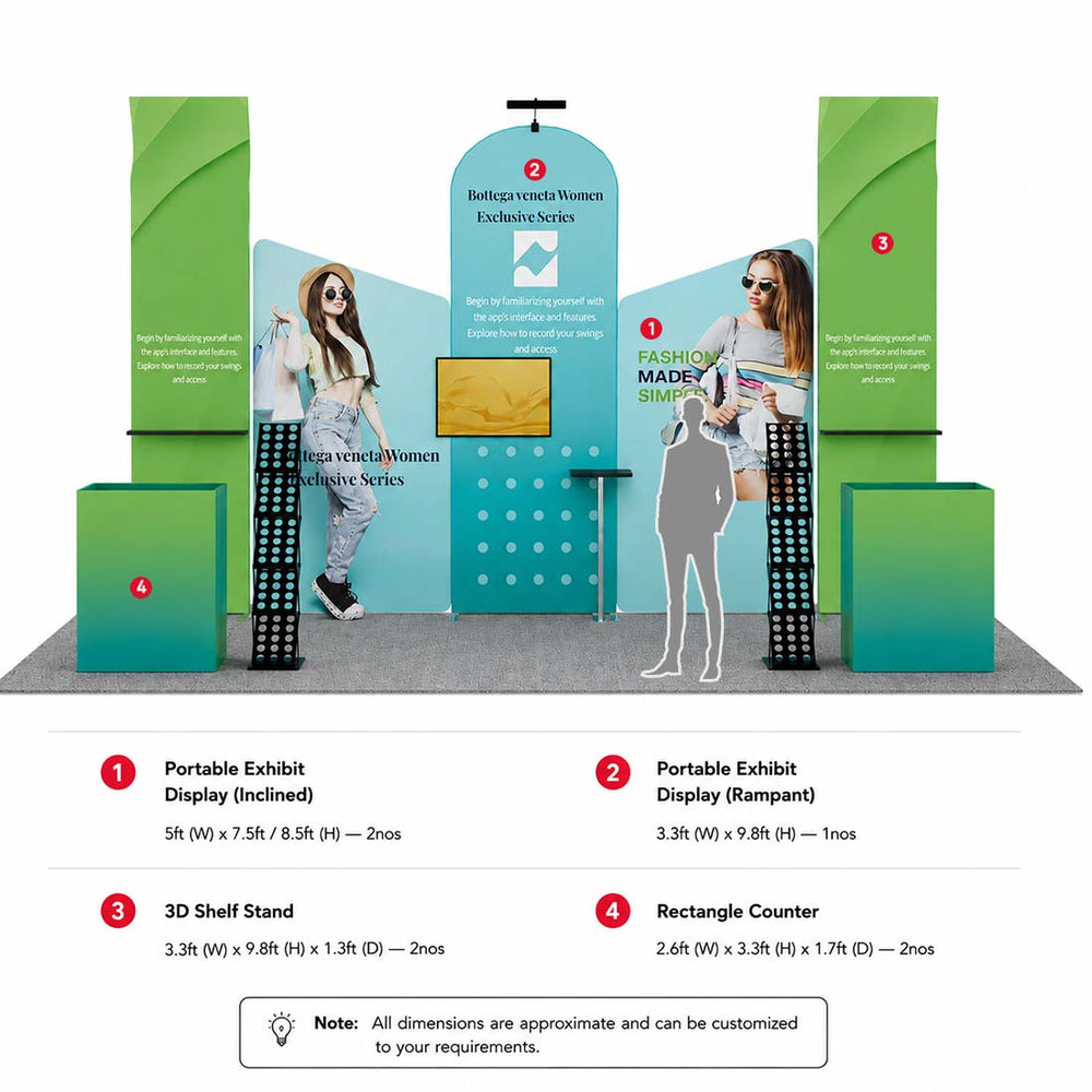 10x20 Booth Kit with Inclined Walls, 3D Shelf Stands & 2 Counters