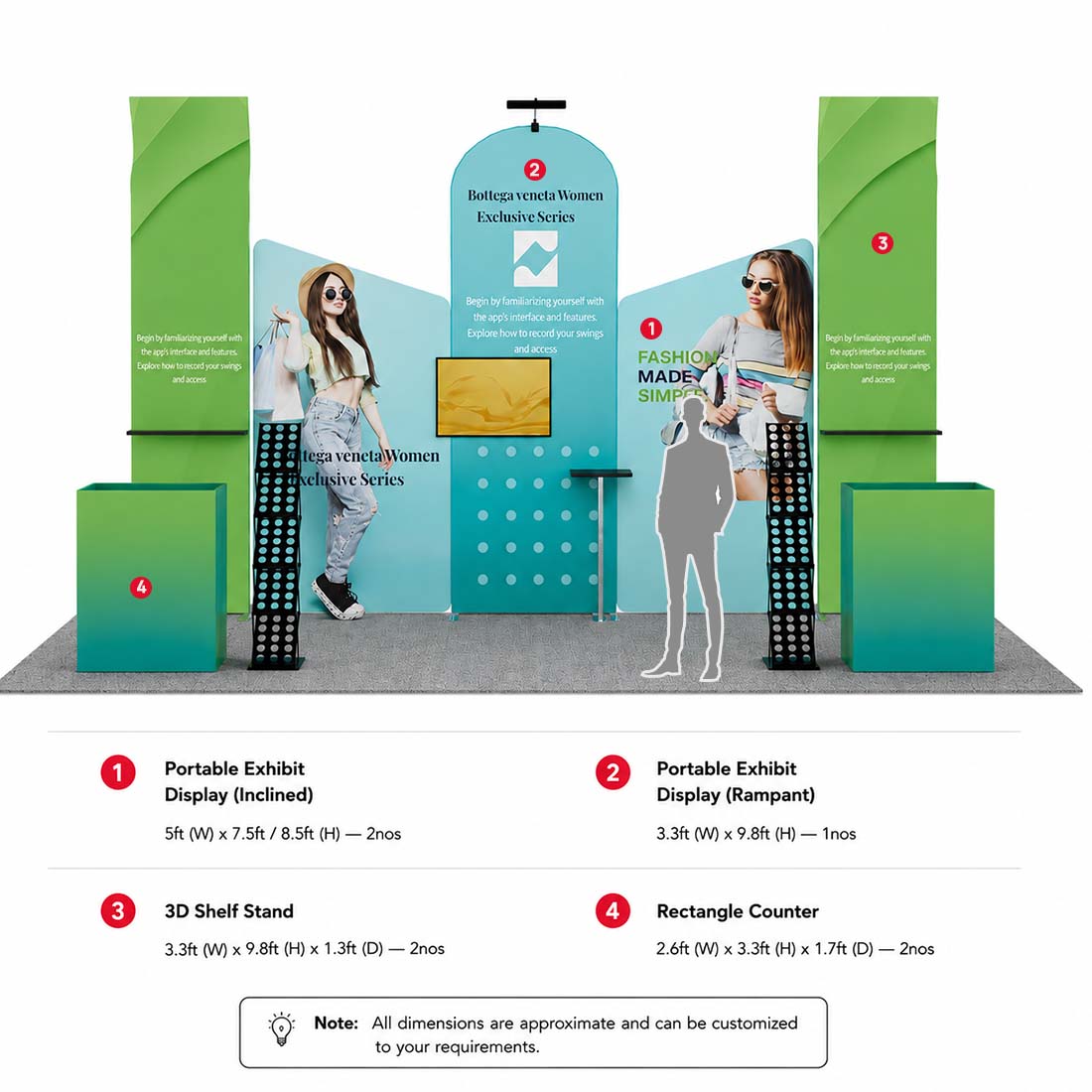 10x20 Booth Kit with Inclined Walls, 3D Shelf Stands & 2 Counters