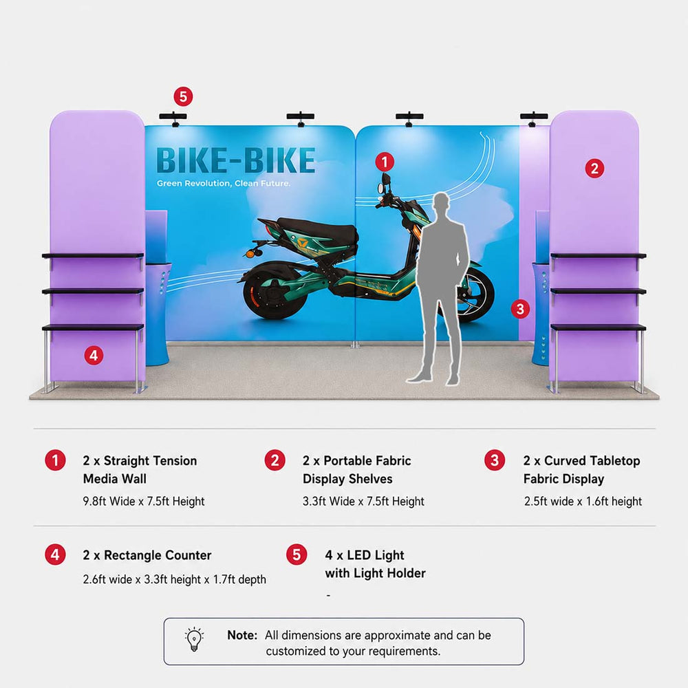 10x20 Booth Kit with Tension Walls, Shelving & 2 Counters