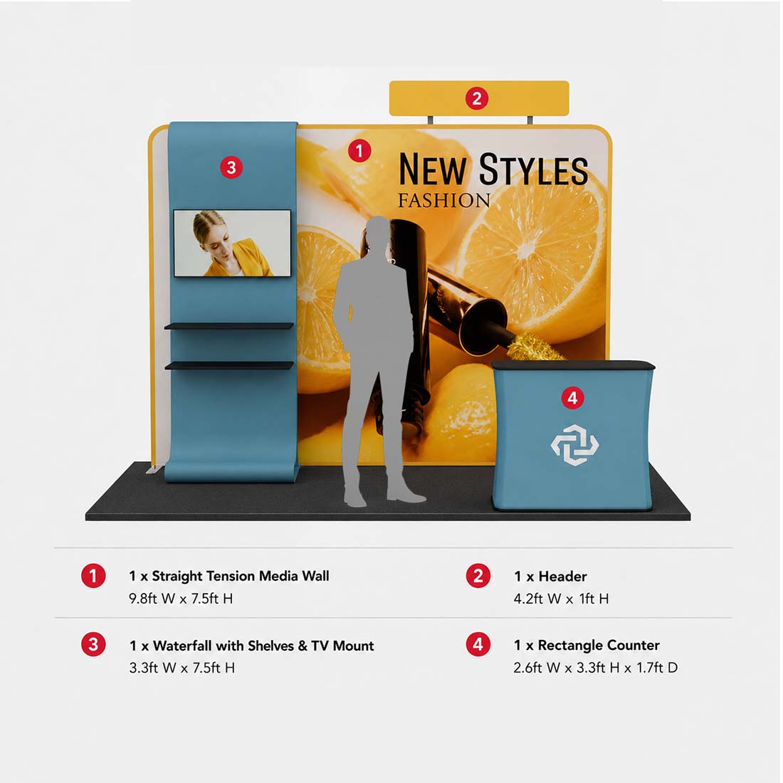 10x10 Booth Kit with Straight Wall, Waterfall TV Shelf & Counter