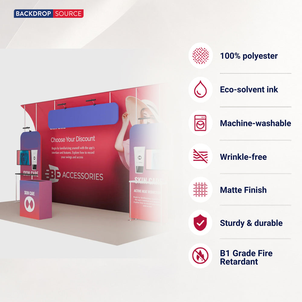 20x10 Booth Kit with Curved Towers, Shelving & Hanging Sign