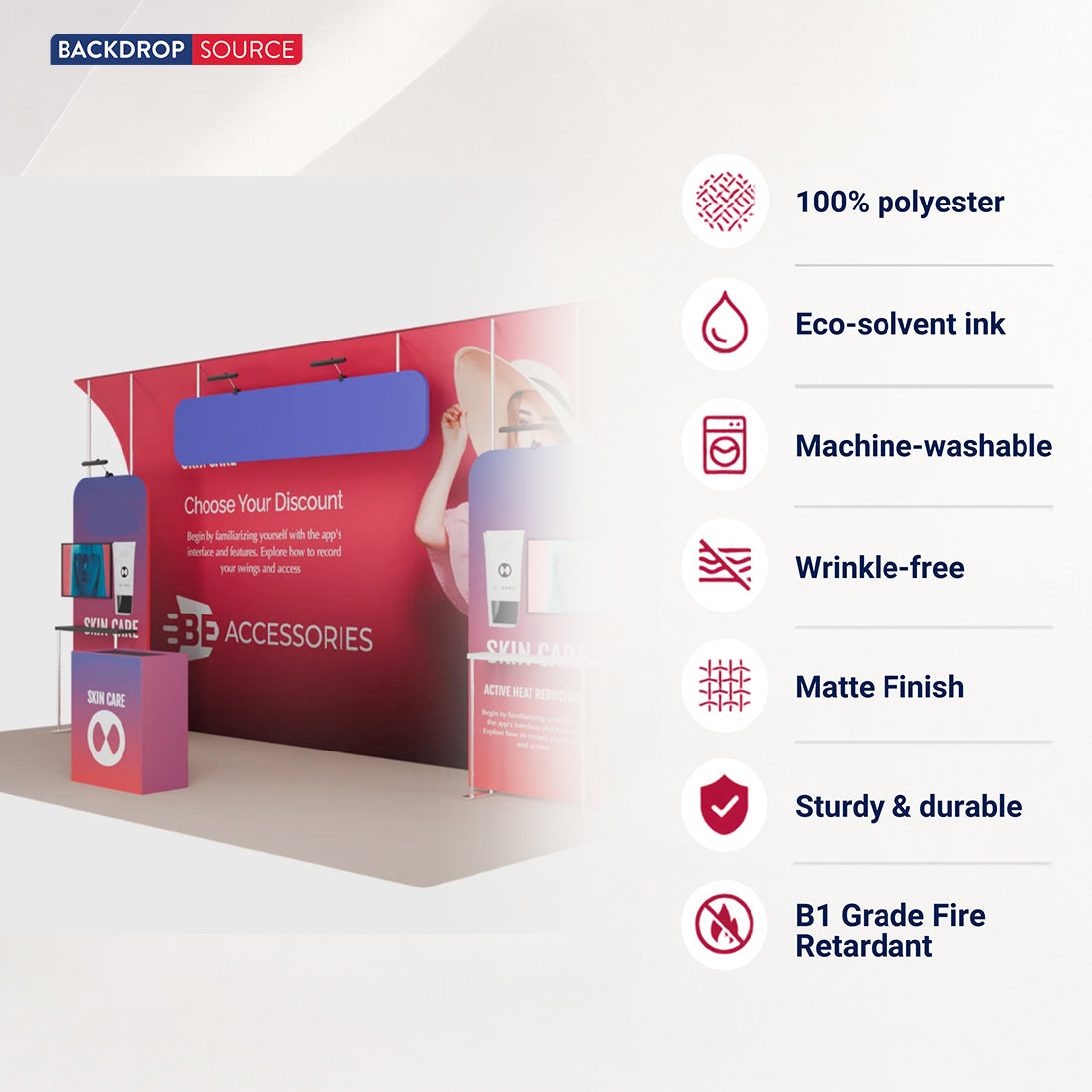 20x10 Booth Kit with Curved Towers, Shelving & Hanging Sign