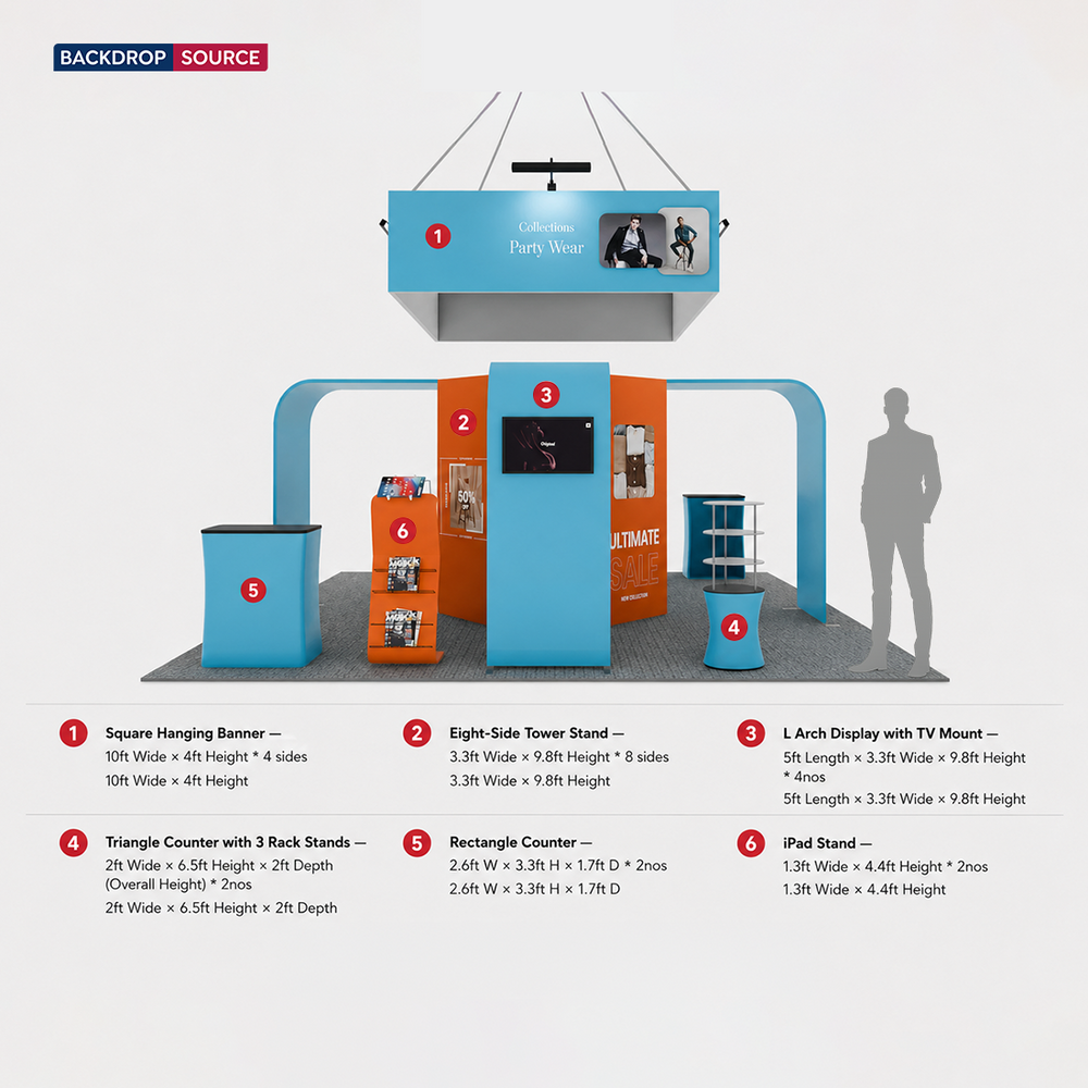 20x20 Island Booth with 8-Sided Tower, TV Arches & iPad Stands