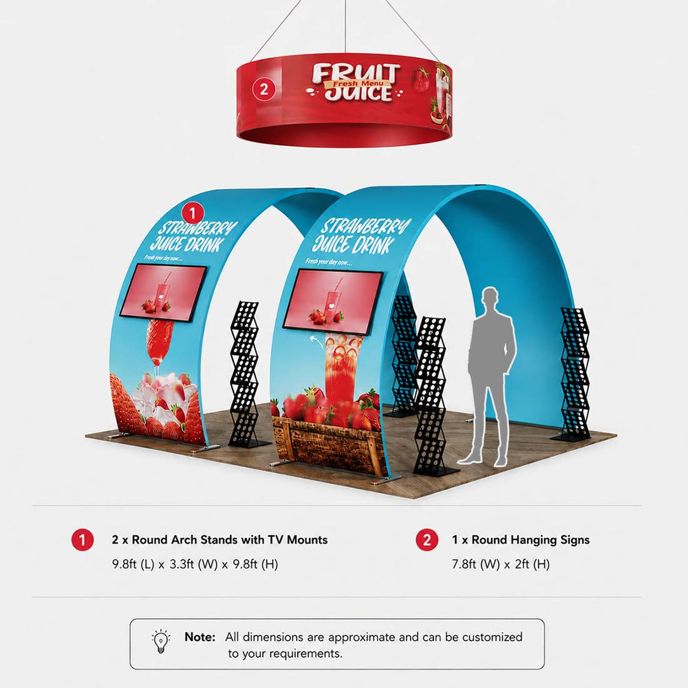 10x20 Round Arch Booth Kit with 2 TV Mounts & Hanging Sign