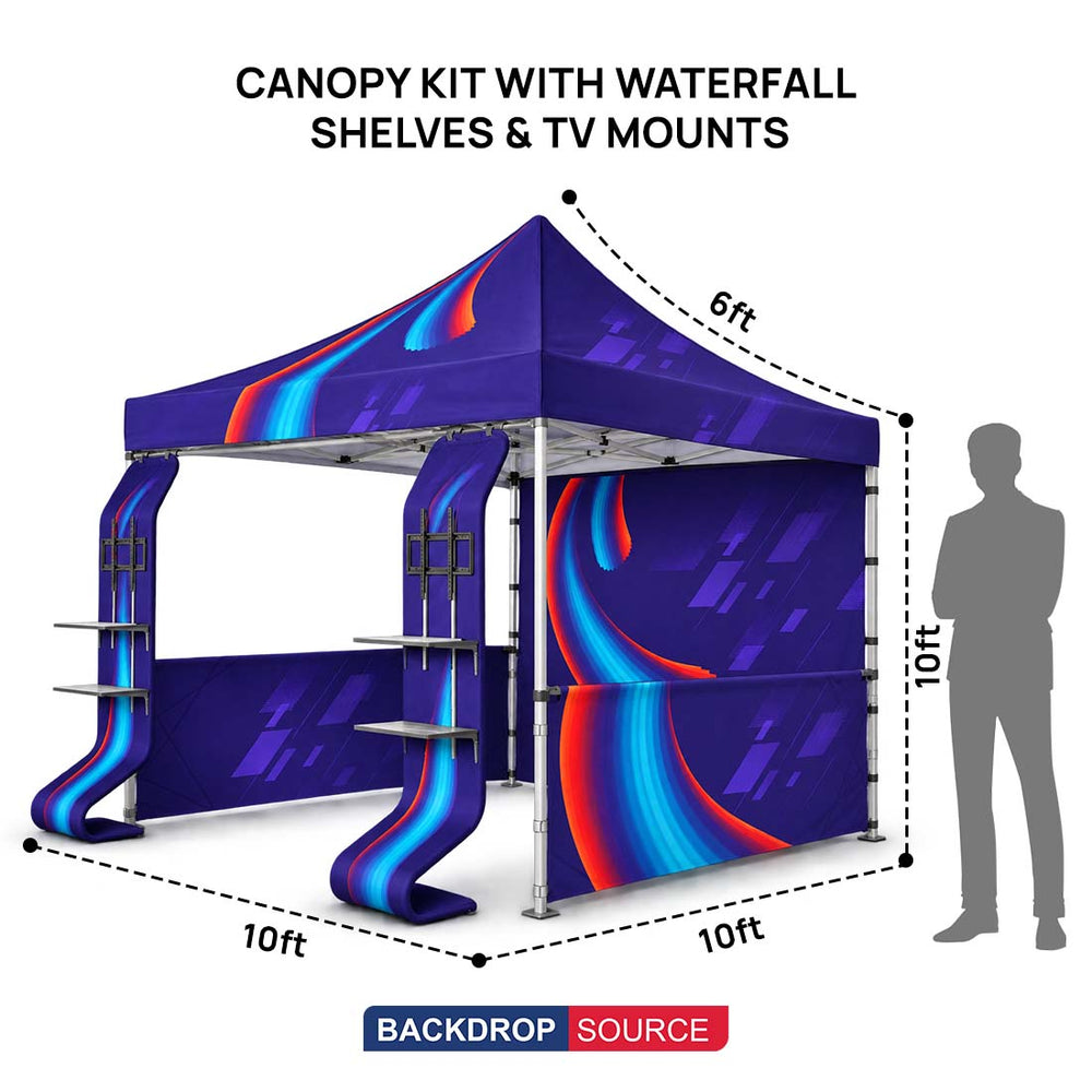 10ft x 10ft Fabric Canopy Kit with Waterfall Shelves & TV Mounts