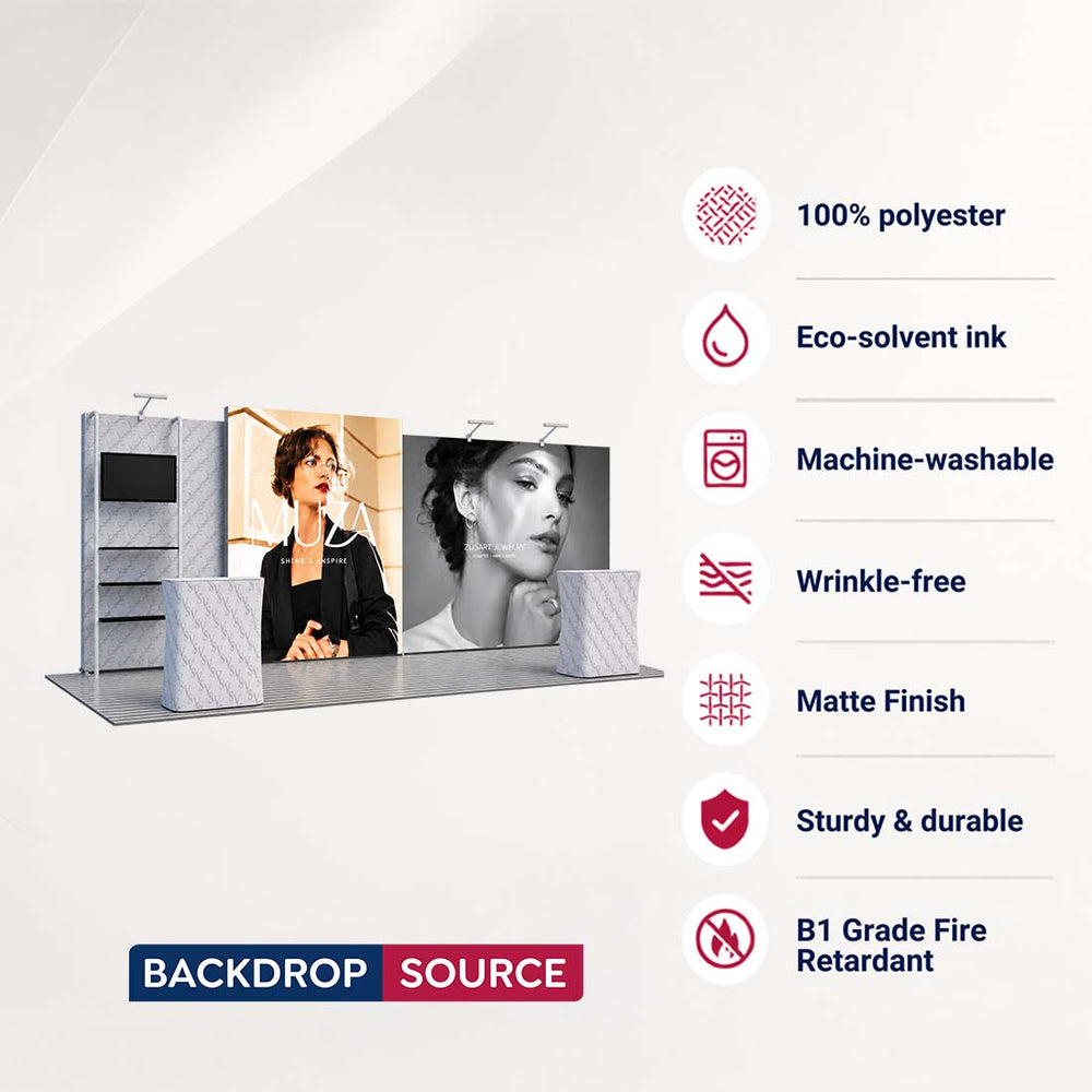 10x20 Backlit SEG Booth Kit with TV Shelving & 2 LED Counters