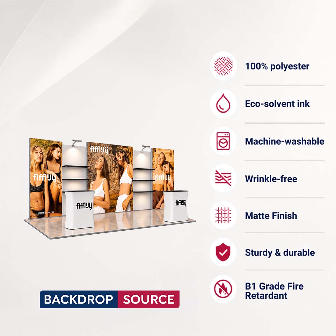 10x20 Triple Backlit SEG Booth Kit with Shelving & LED Counters