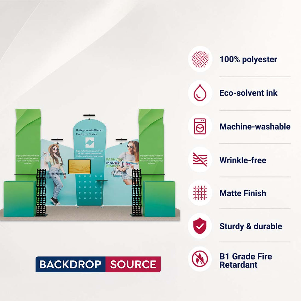 10x20 Booth Kit with Inclined Walls, 3D Shelf Stands & 2 Counters