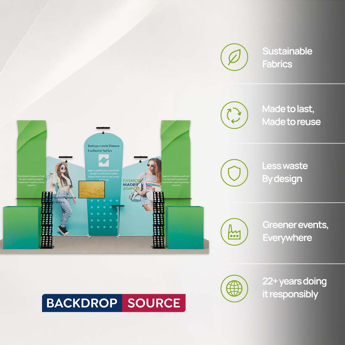 10x20 Booth Kit with Inclined Walls, 3D Shelf Stands & 2 Counters