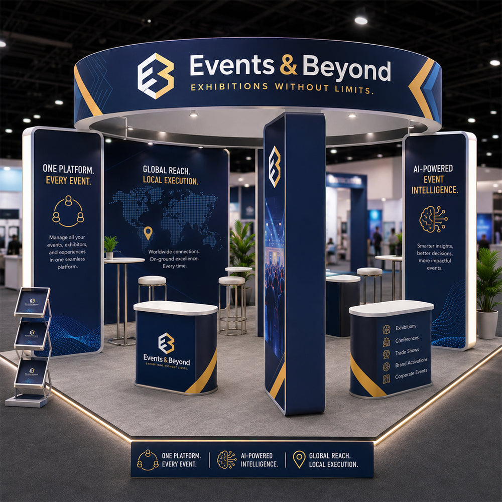 20x20 Island Booth with 3D Media Walls & 3 Counters