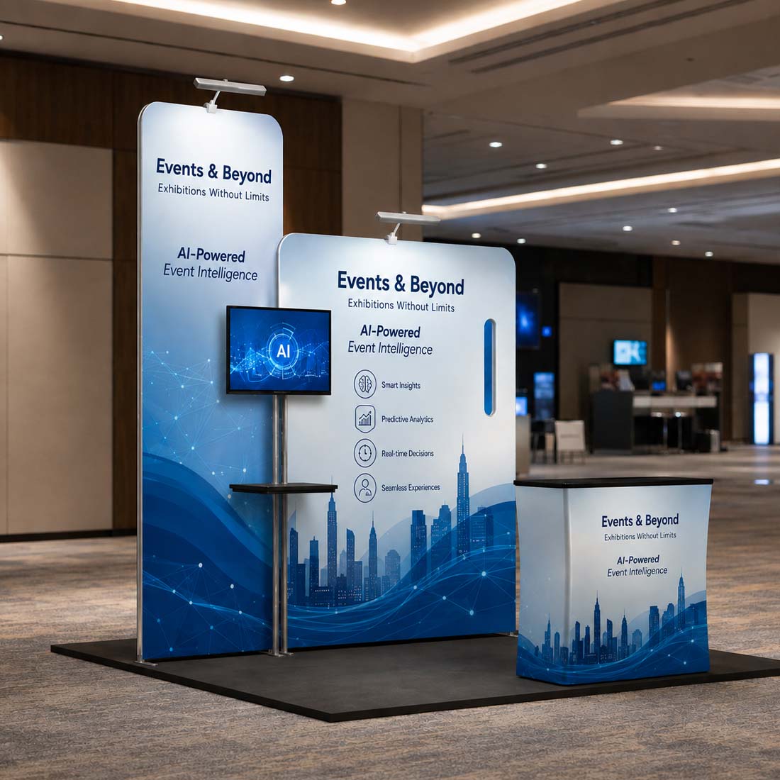 10x10 Booth Kit with Tall & Wide Straight Walls, Counter & TV