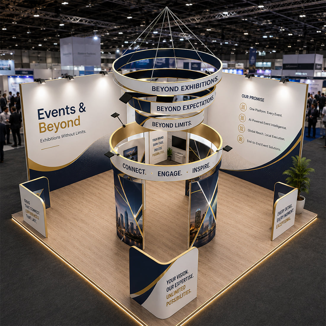 20x20 Island Booth with 360 Photo Booth & Tiered Hanging Sign