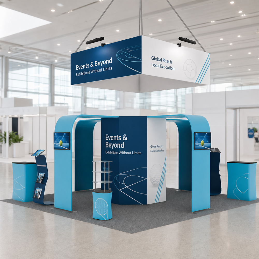 20x20 Island Booth with 8-Sided Tower, TV Arches & iPad Stands