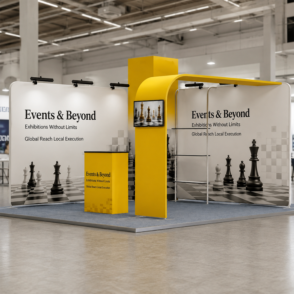 20x20 Booth Kit with Tension Walls, Cubic Tower & TV Arch