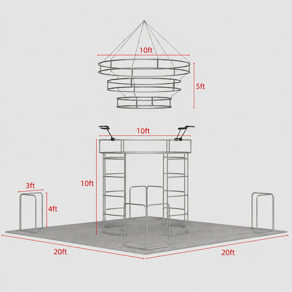 20x20 Island Booth with 360 Photo Booth & Tiered Hanging Sign