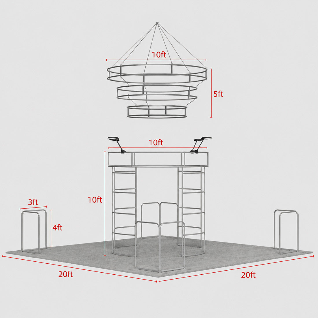 20x20 Island Booth with 360 Photo Booth & Tiered Hanging Sign