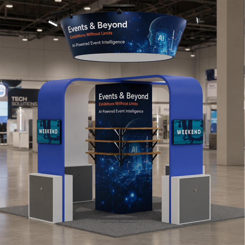 20x20 Island Booth with TV Arches, Cubic Tower & 12 Shelves