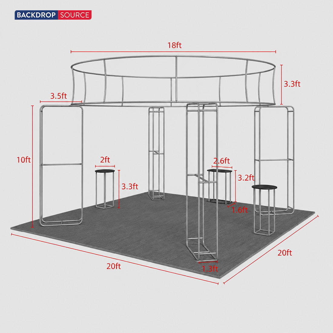 20x20 Island Booth with 3D Media Walls & 3 Counters