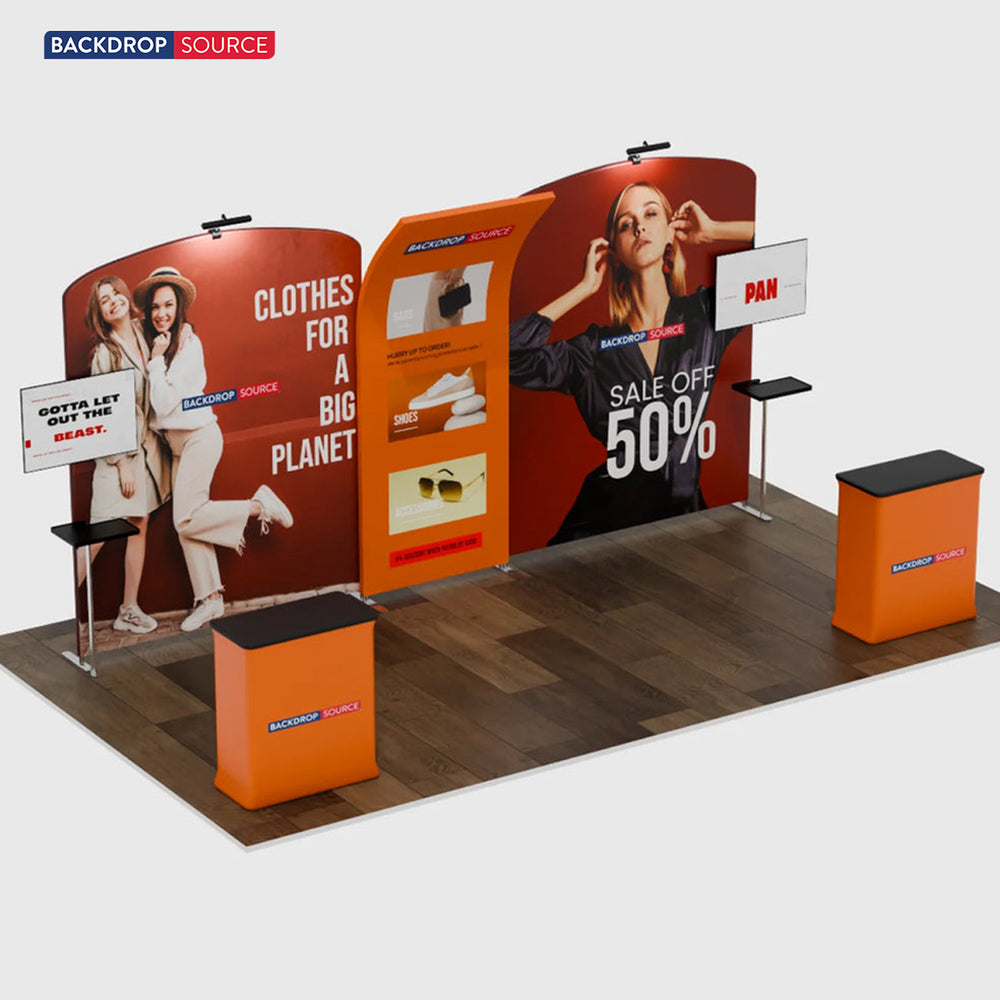 20x10 Booth Kit with Curved & Slanted Walls, 2 Counters & TVs