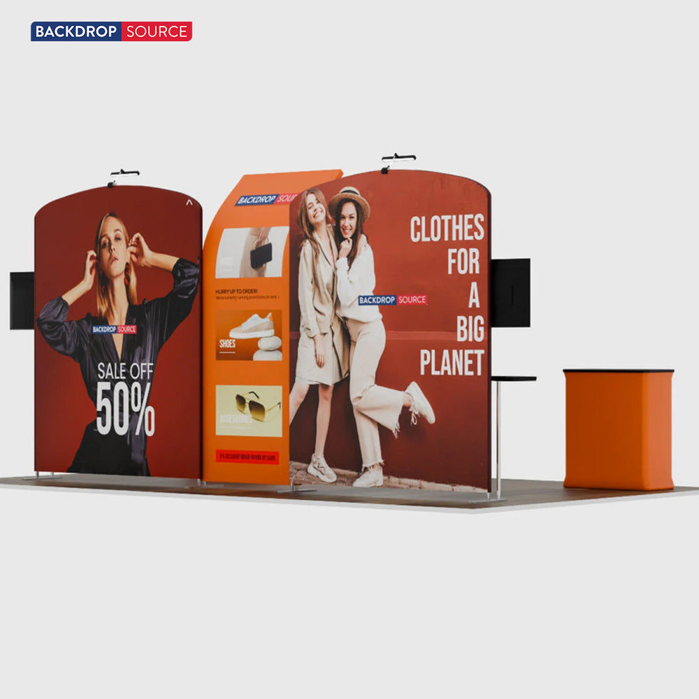 20x10 Booth Kit with Curved & Slanted Walls, 2 Counters & TVs