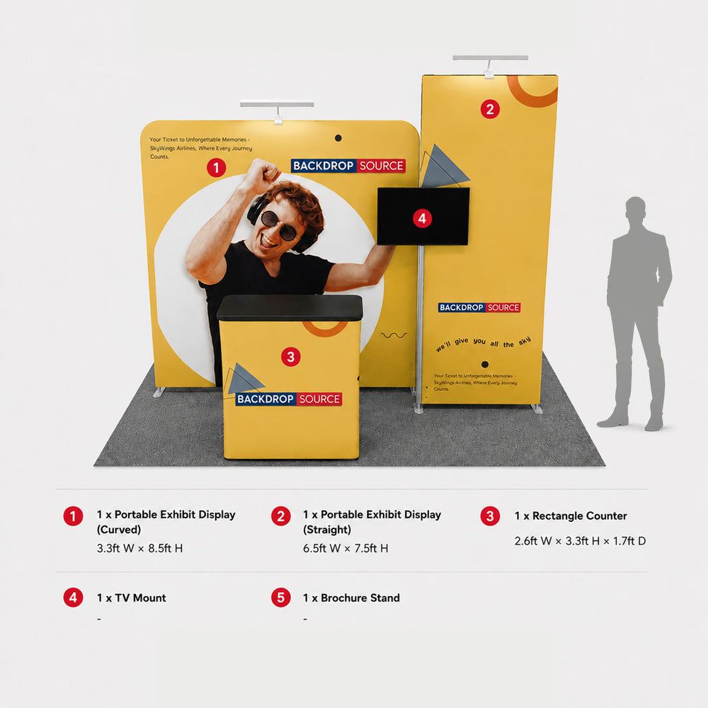 10x10 Booth Kit with Curved & Straight Walls, Counter & TV Mount