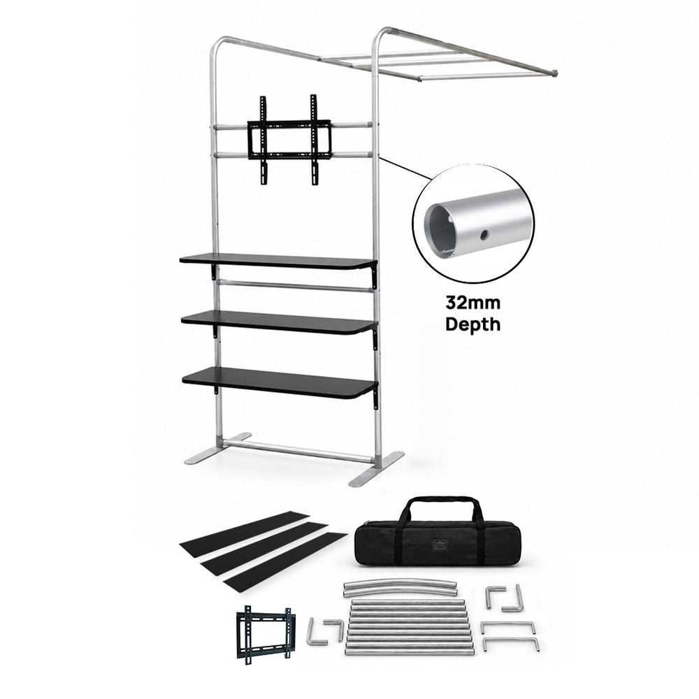 L-Shaped Display Shelf & TV Rack (L arch frame with shelves & TV mount) - included in Magnetic Fabric Banner Stand & L-Shaped Shelving Display Exhibition Kit
