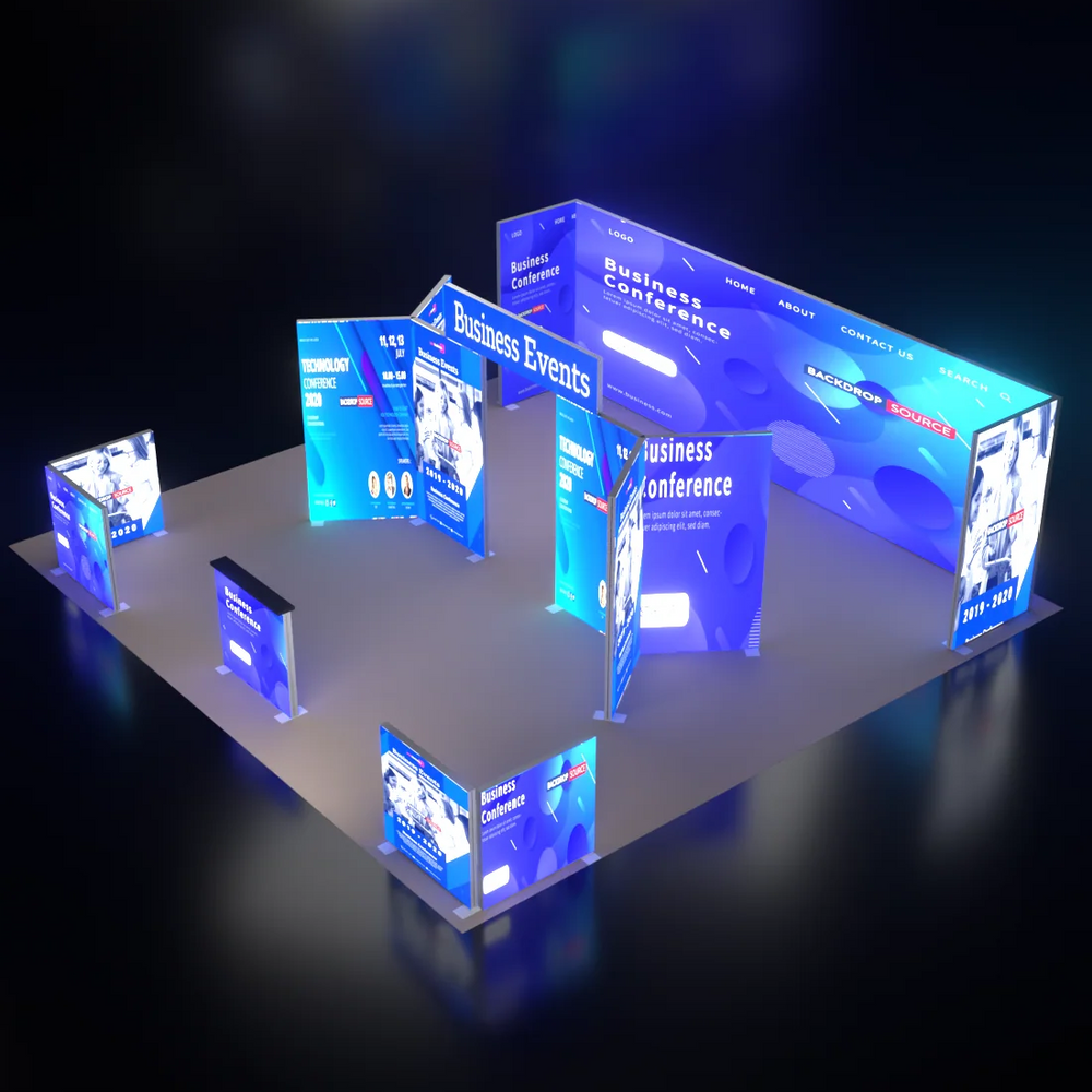 20ft Backlit SEG Island Booth with Y-Walls, Header & Counter