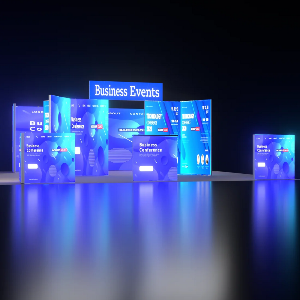 20ft Backlit SEG Island Booth with Y-Walls, Header & Counter