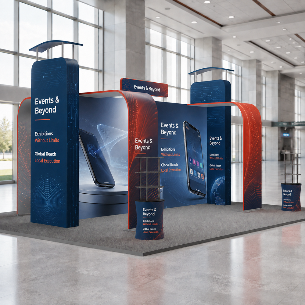 20x20 Booth Kit with 3D Media Walls, Arch Displays & 3 Counters