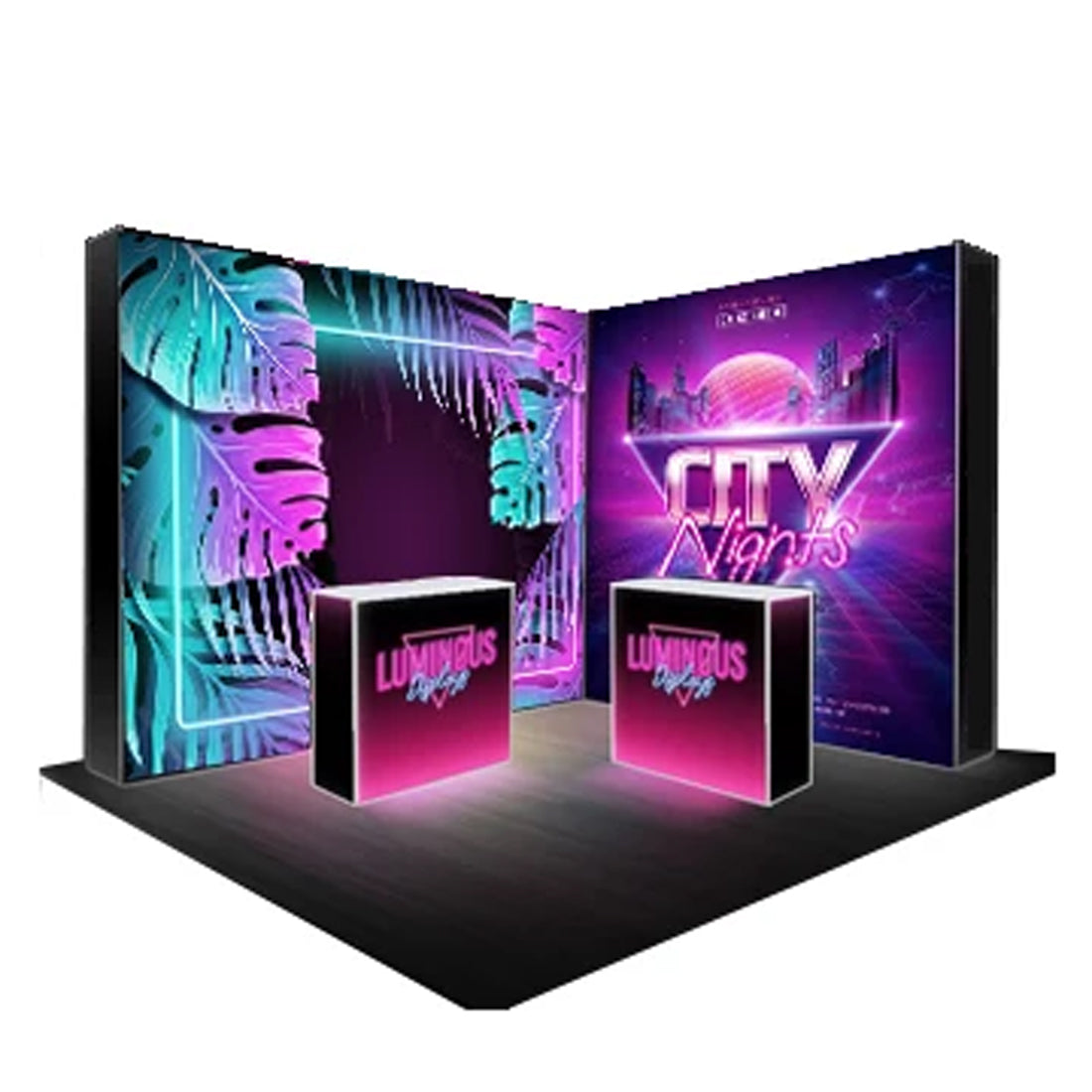 L-Shaped Illuminated Media Wall Set with Counters for 10ft x 10ft Booths.