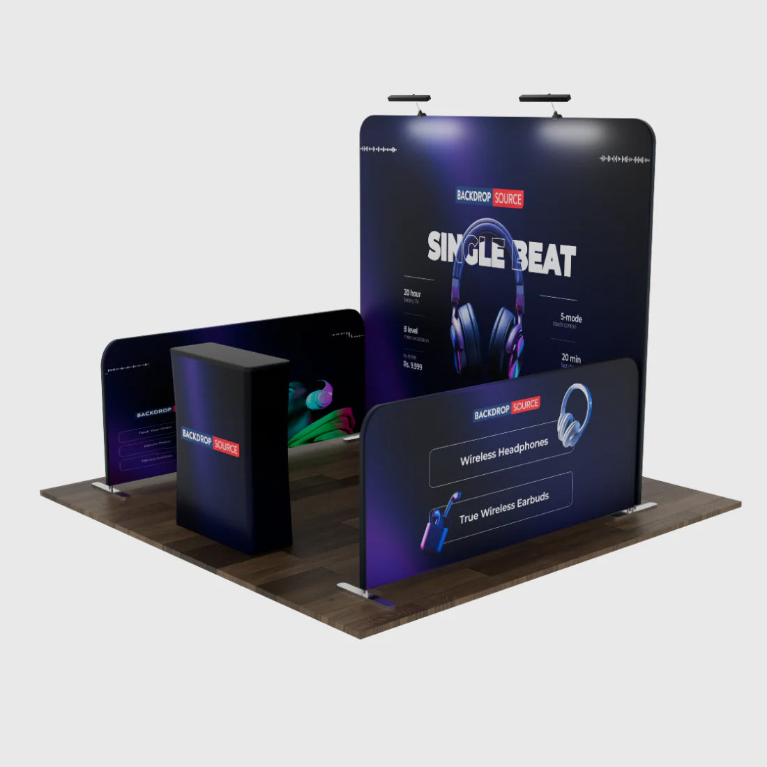 Kit cabine ultime 10x10 avec paroi de fond, parois latérales, comptoir et éclairage LED 