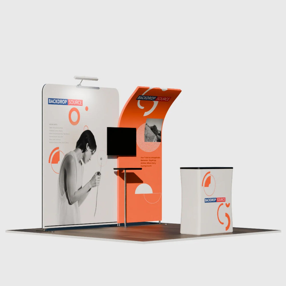 10x10 Booth Kit with Curved & Tall Straight Walls, Counter & TV