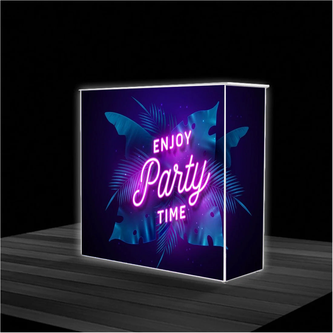 L-Shaped Illuminated Media Wall Set with Counters for 10ft x 10ft Booths.