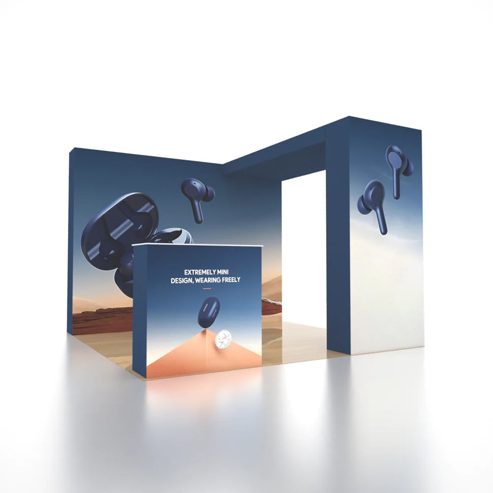 10x10 3D Media Wall Booth Kit with L-Shape Corner & Counter