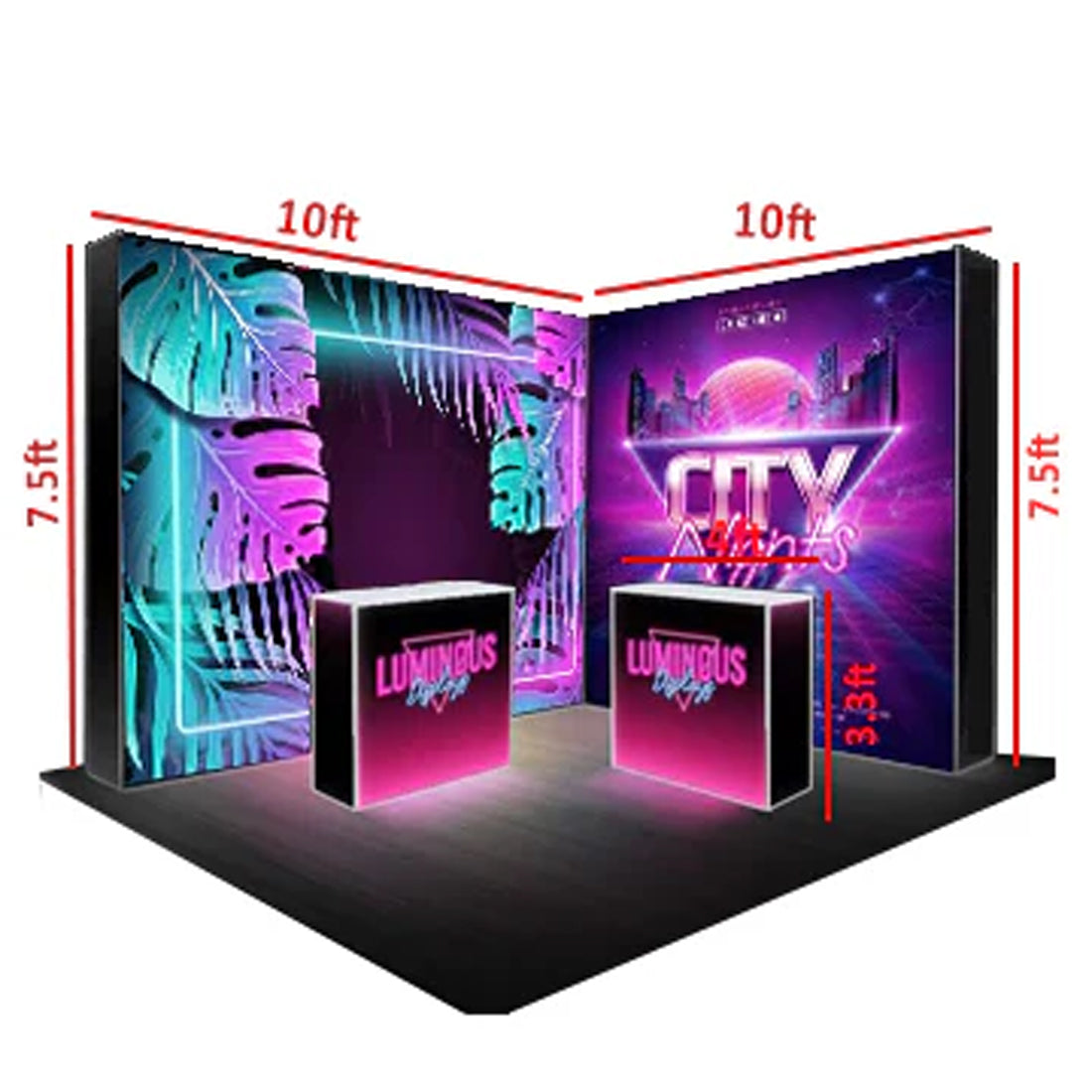 L-Shaped Illuminated Media Wall Set with Counters for 10ft x 10ft Booths.