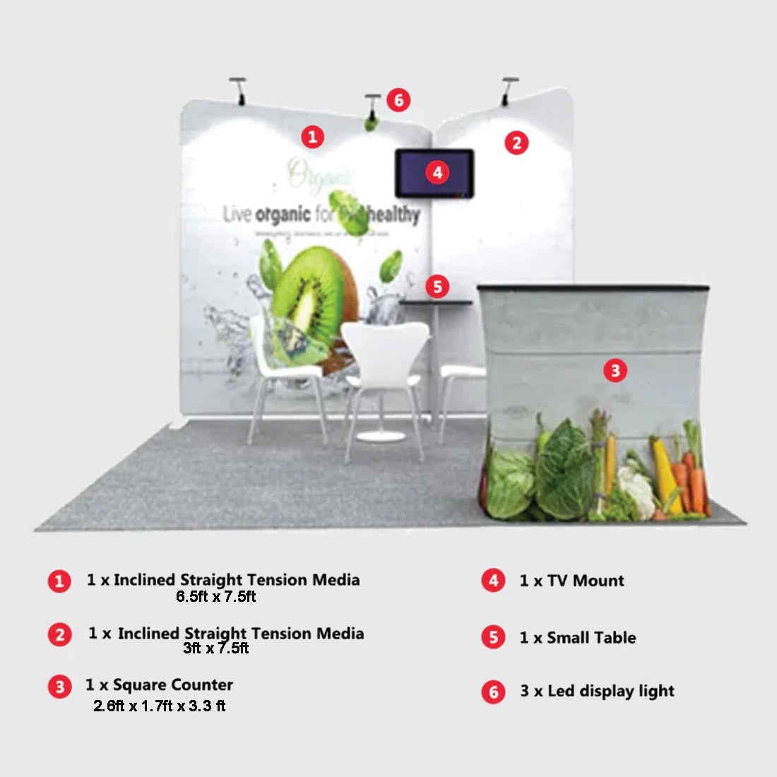 Kit d'exposition incliné pour stands de 3 mètres de large 